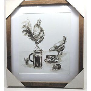 New Framed Wooden Matted Print Acrylic Chicken Hen Rooster Breakfast 12.5" x 14"